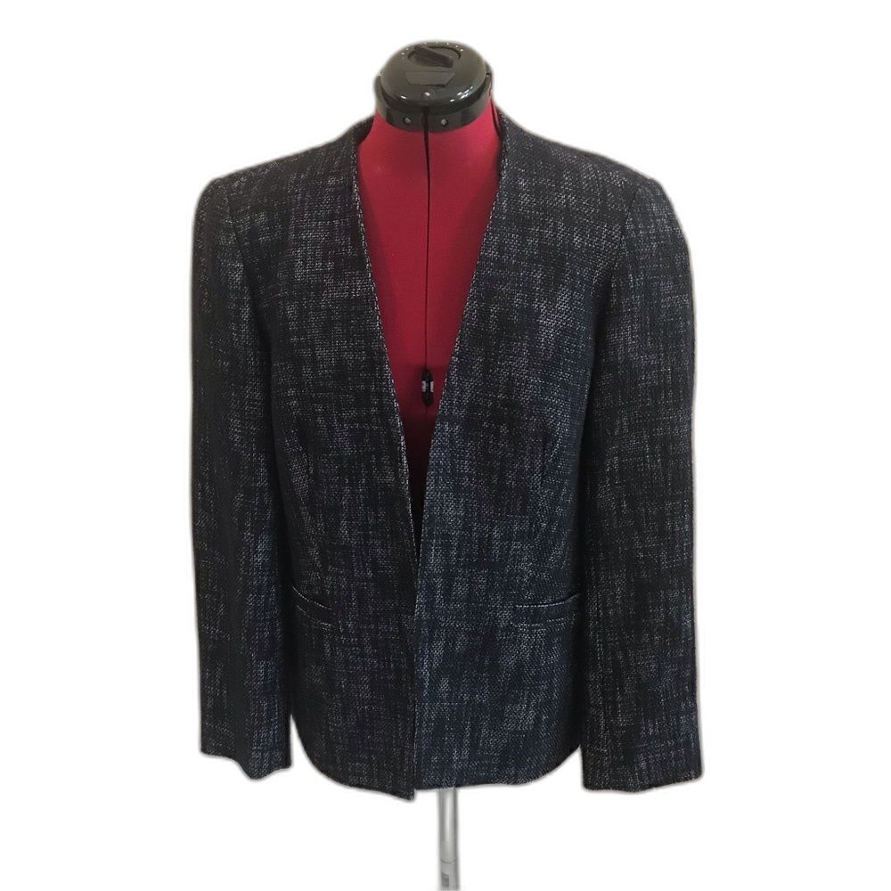 Coldwater Creek Blazer Women Size 10 Navy Tweed Cotton-Linen Blend Open Front